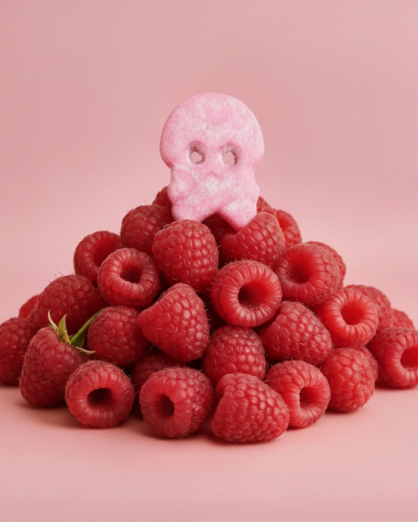 BUBS Swedish candy skull - vegan sour raspberry flavor on a pile of raspberries