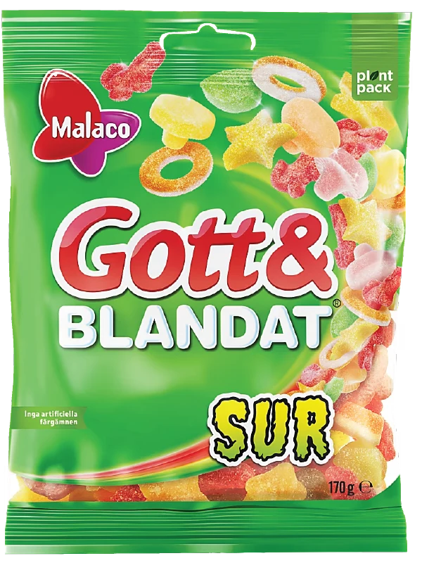 Gott & Blandat Sour Swedish tangy gummy candy mix in bright packaging