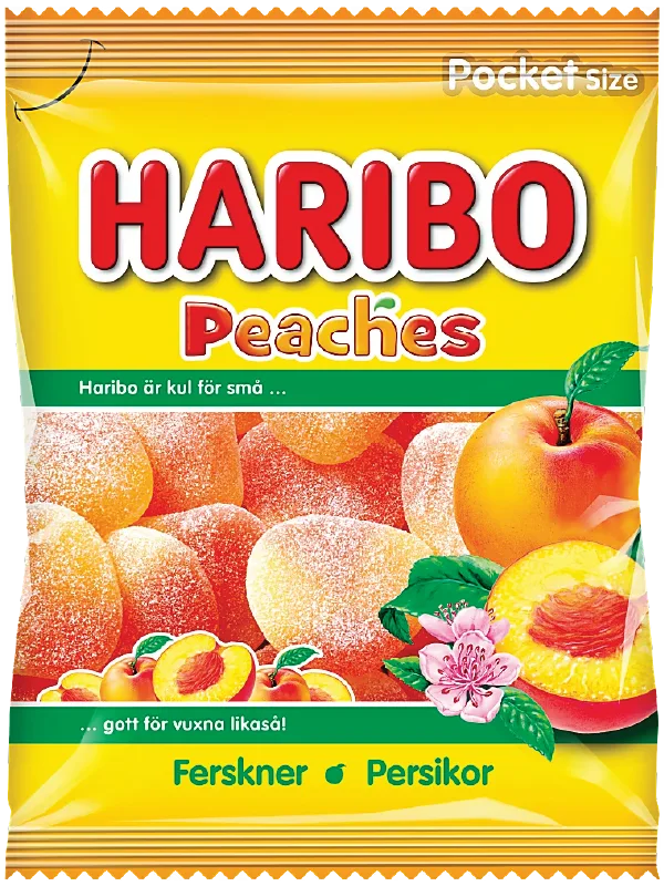 Swedish peach gummy candy rings with sweet and sour peach flavor