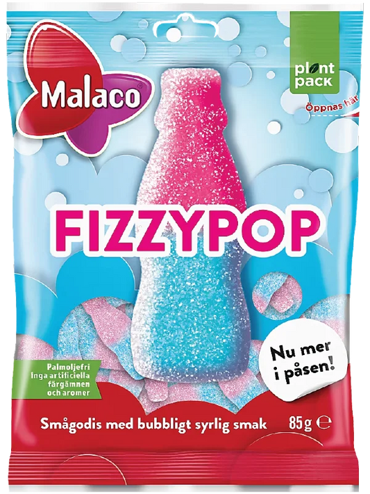 Fizzy Pop Swedish sour soda bottle gummies in classic pink candy bag