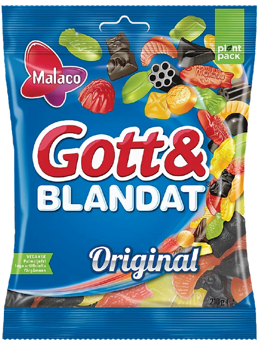 Gott & Blandat Original Swedish gummy and licorice candy mix in colorful bag