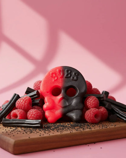 BUBS Swedish vegan candy - One Raspberry Liquorice Skull on a cutting board with rasberries and licorice 