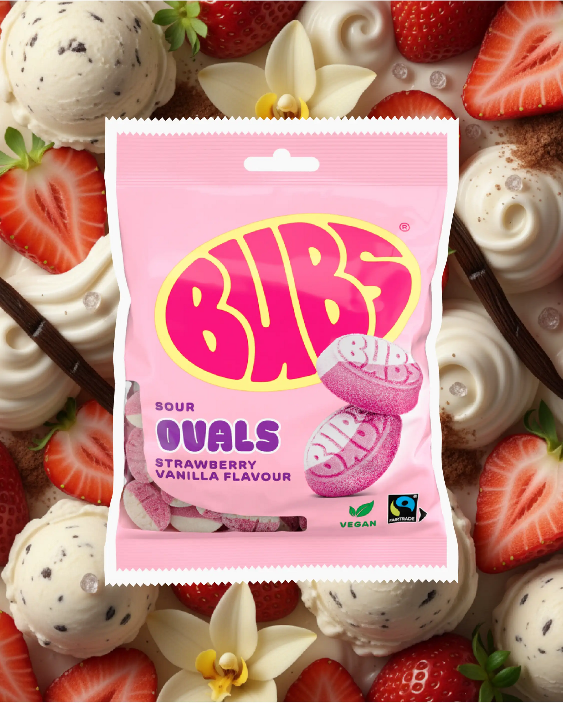 BUBS Swedish candy ovals - sour strawberry vanilla on a background of strawberries, vanilla and icecream.