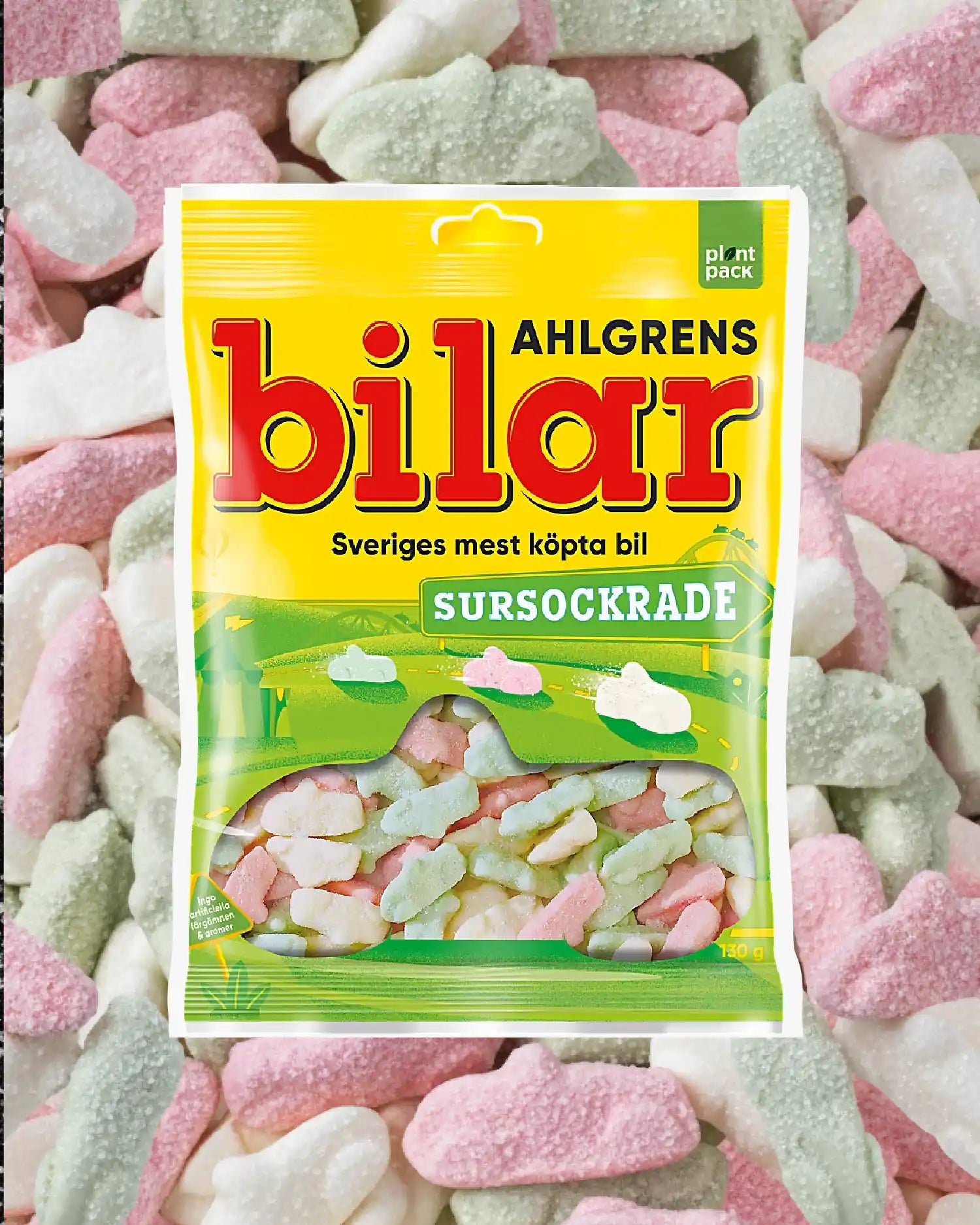 Ahlgrens Bilar Sour – colorful Swedish foam candy cars with sour sugar coating, on a background of sour candy cars